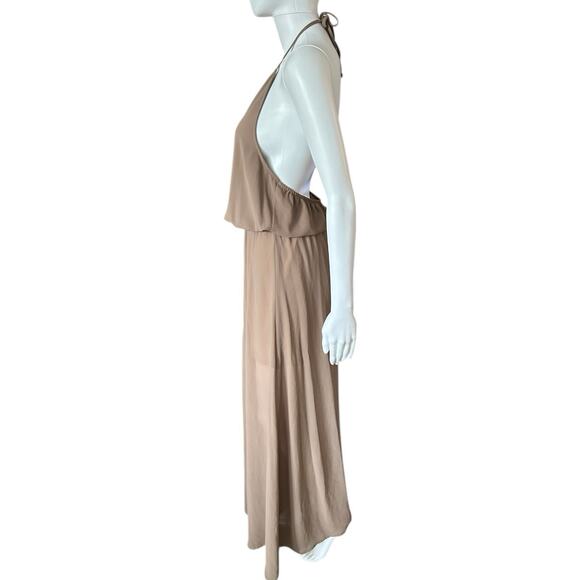SHOW ME YOUR MUMU HEATHER CHIFFON HALTER DRESS GOWN SZ S TAN STRETCH LAYERED - Picture 4 of 10